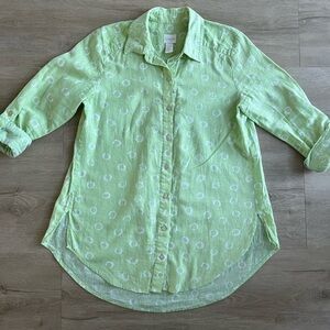 Chico’s Green collared button Linen Blend Blouse XS